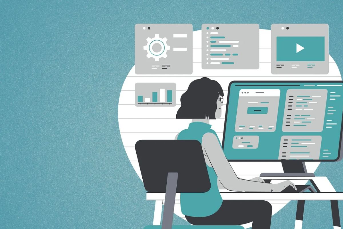Illustration développeuse web travaillant sur écran