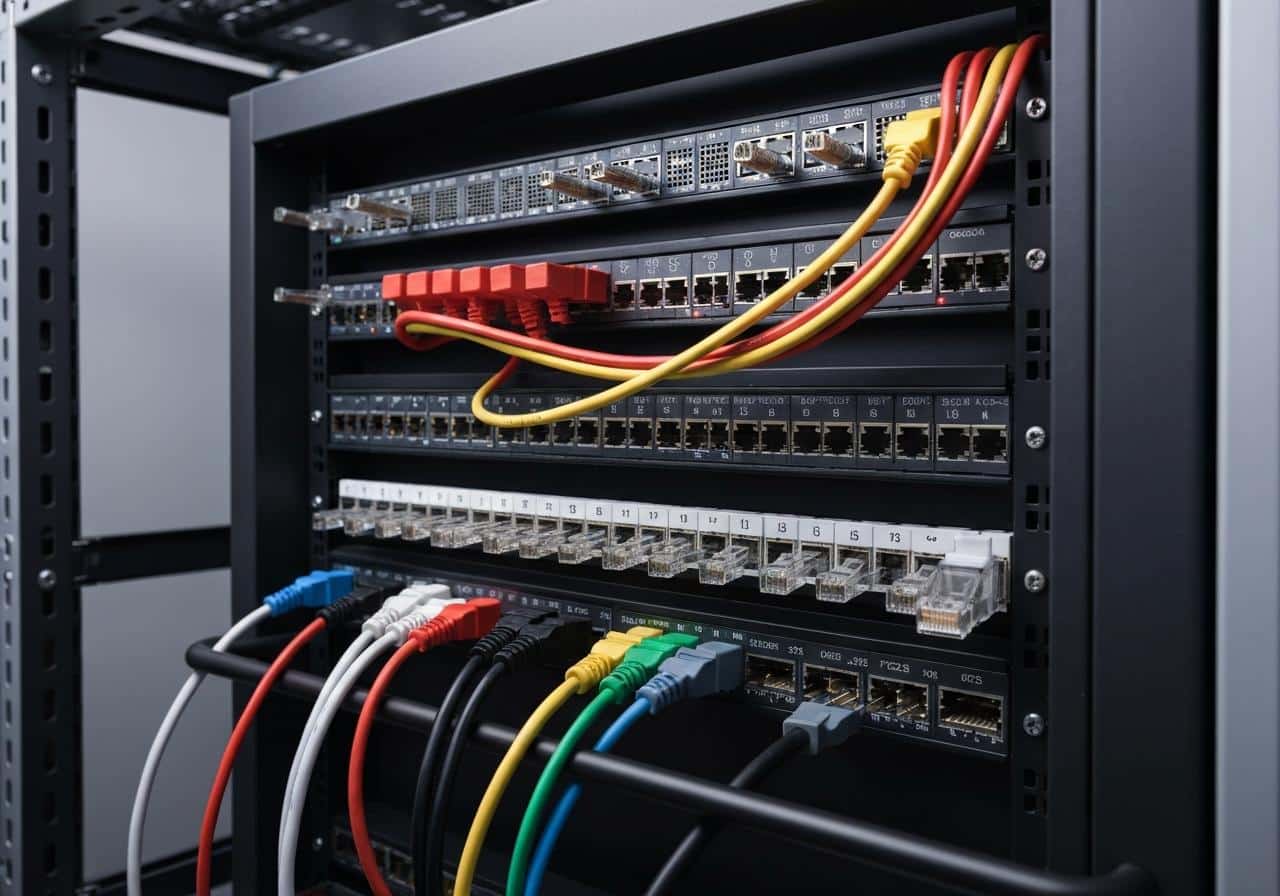 Câblage structuré en baie de brassage dans salle informatique